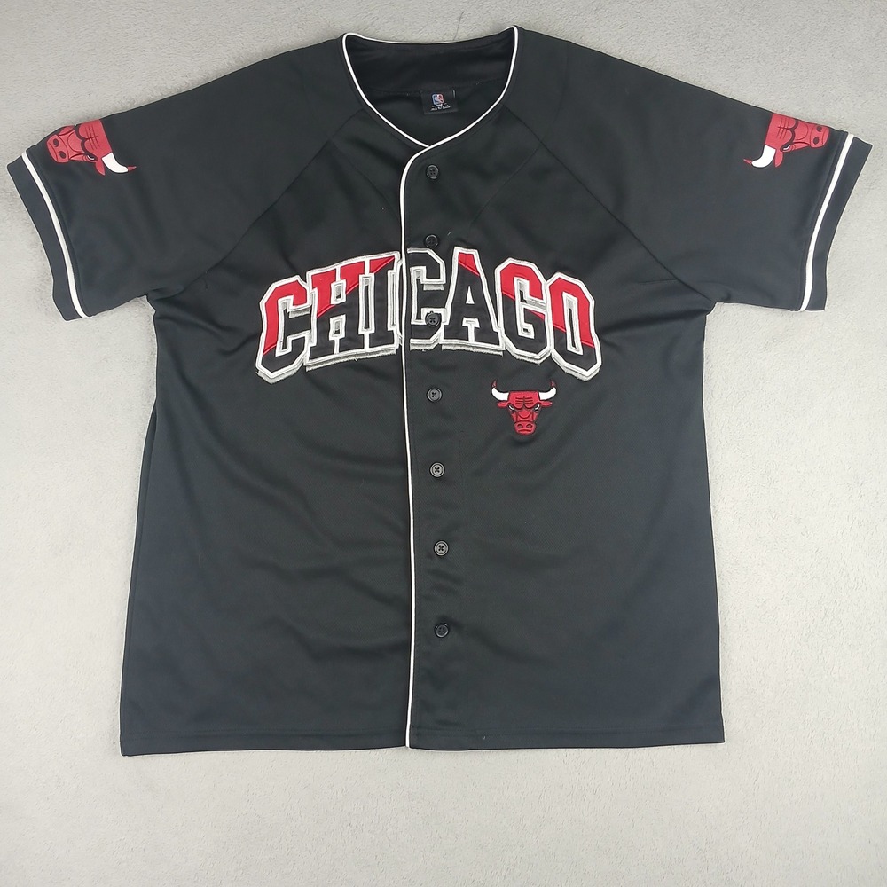 NBA Chicago Bulls Baseball Jersey Mens Medium Black Button Down Mesh Embroidered